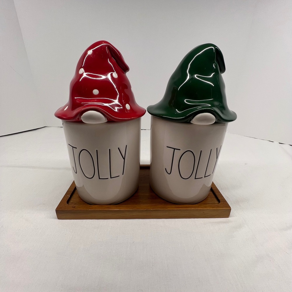 New Rae‎ Dunn Jolly and Jolly Gnome Canister Set Jars Christmas Rare Unique Cute